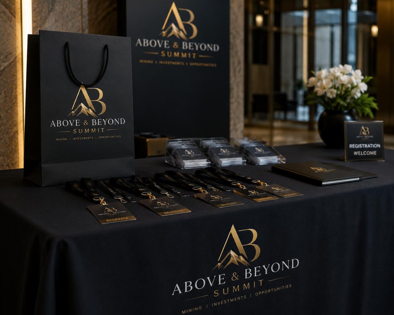 Above & Beyond Summit registration desk with delegate badges